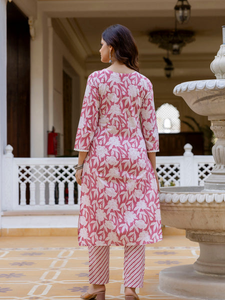 EthniFlair Floral Printed Aari Work Kurta with Trousers & Dupatta