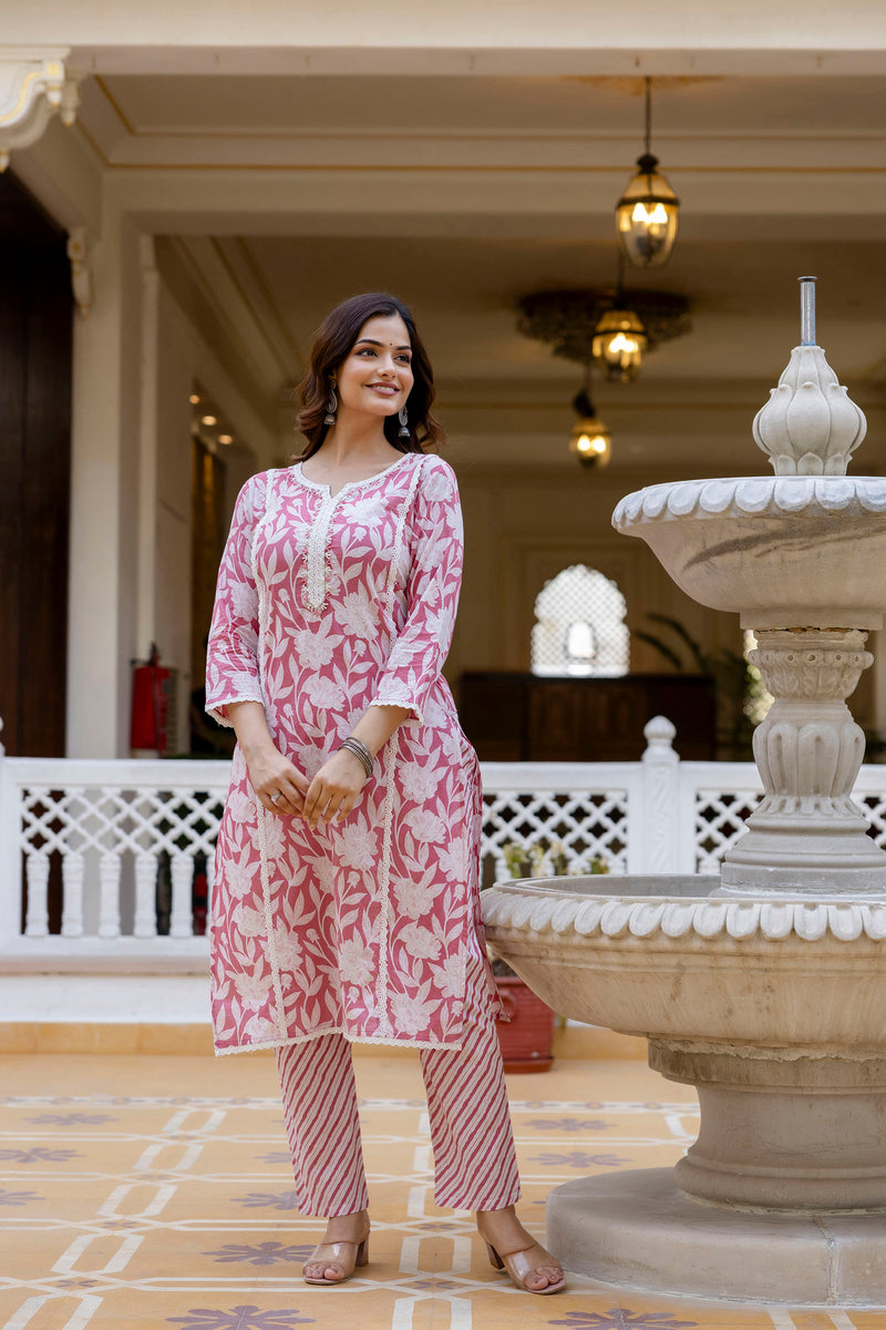 EthniFlair Floral Printed Aari Work Kurta with Trousers & Dupatta