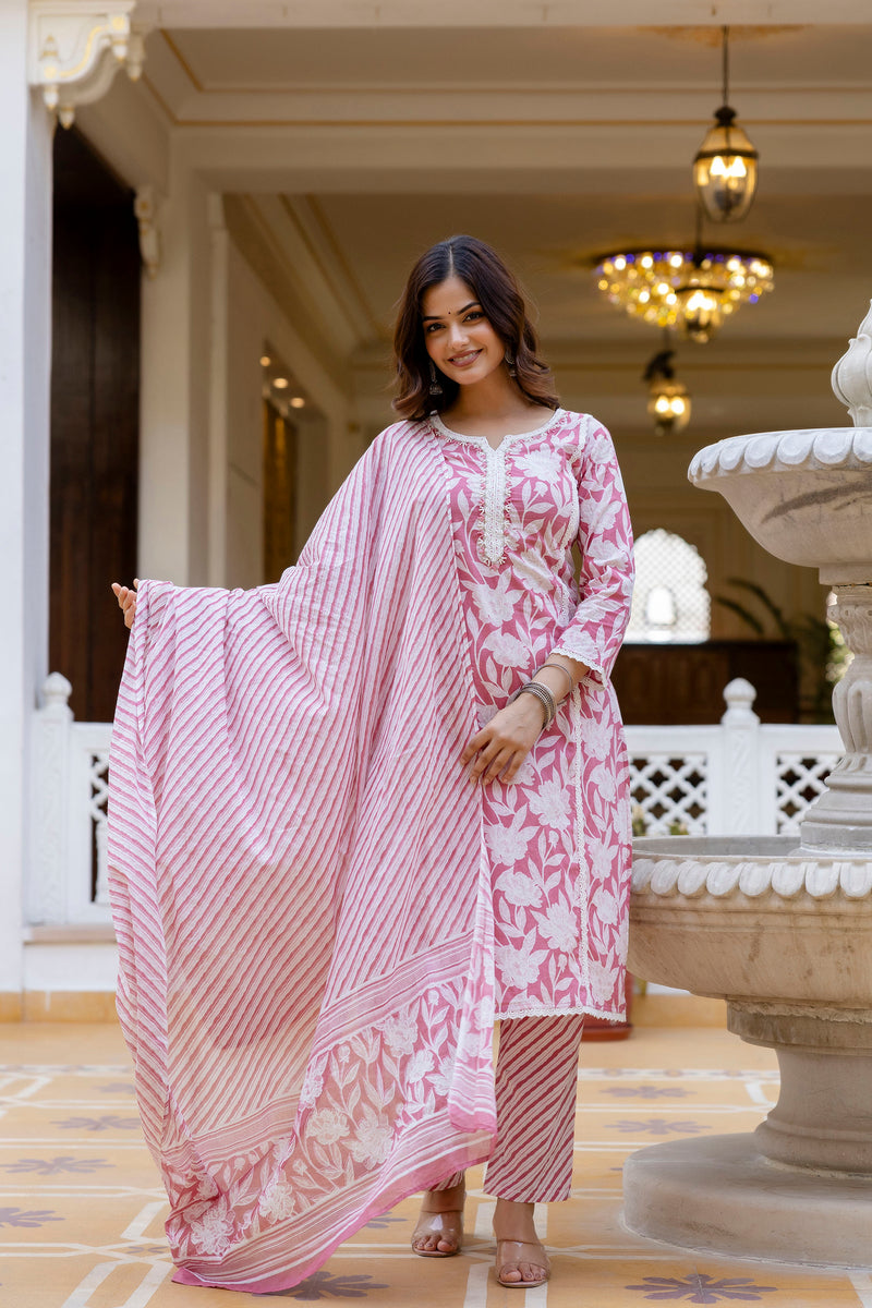 EthniFlair Floral Printed Aari Work Kurta with Trousers & Dupatta