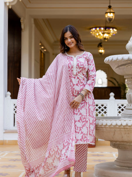 EthniFlair Floral Printed Aari Work Kurta with Trousers & Dupatta