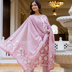 EthniFlair Floral Printed Aari Work Kurta with Trousers & Dupatta