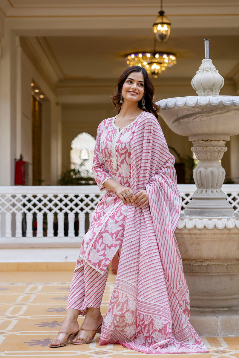 EthniFlair Floral Printed Aari Work Kurta with Trousers & Dupatta