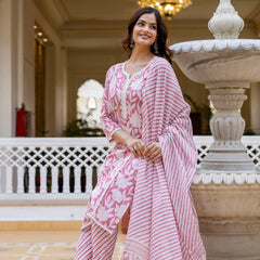 EthniFlair Floral Printed Aari Work Kurta with Trousers & Dupatta