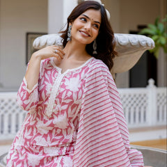 EthniFlair Floral Printed Aari Work Kurta with Trousers & Dupatta