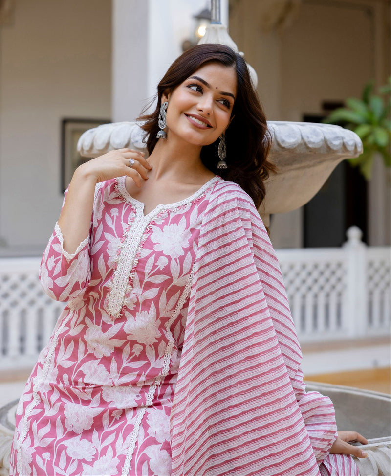 EthniFlair Floral Printed Aari Work Kurta with Trousers & Dupatta