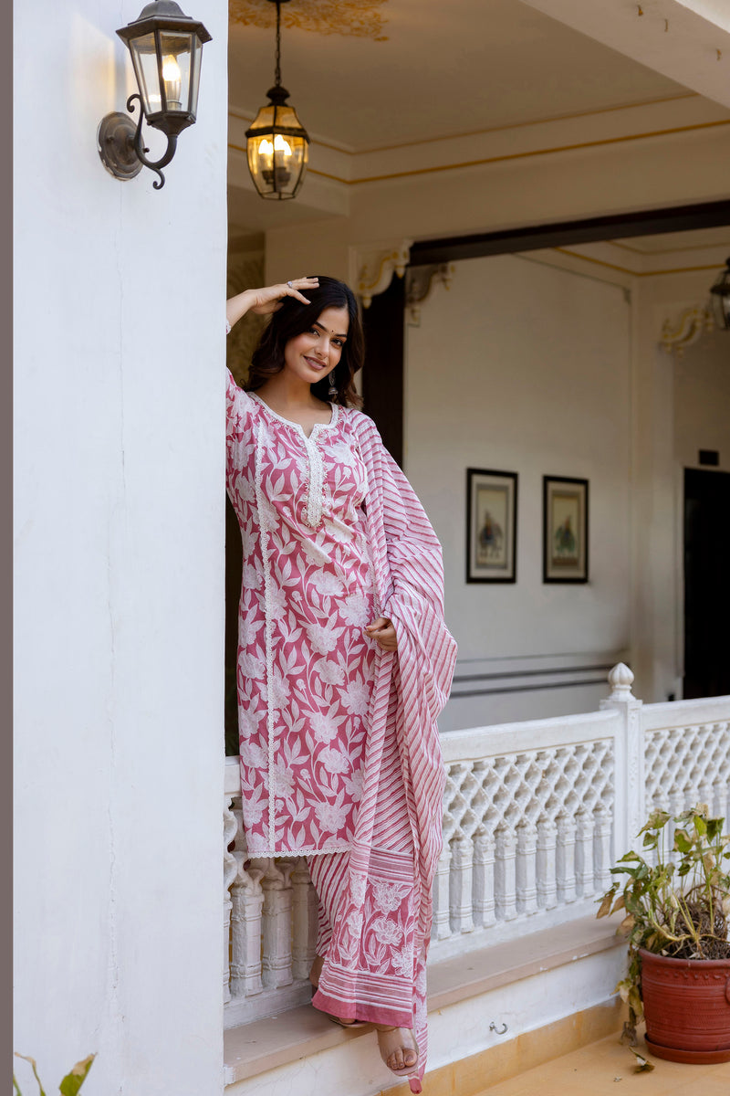 EthniFlair Floral Printed Aari Work Kurta with Trousers & Dupatta