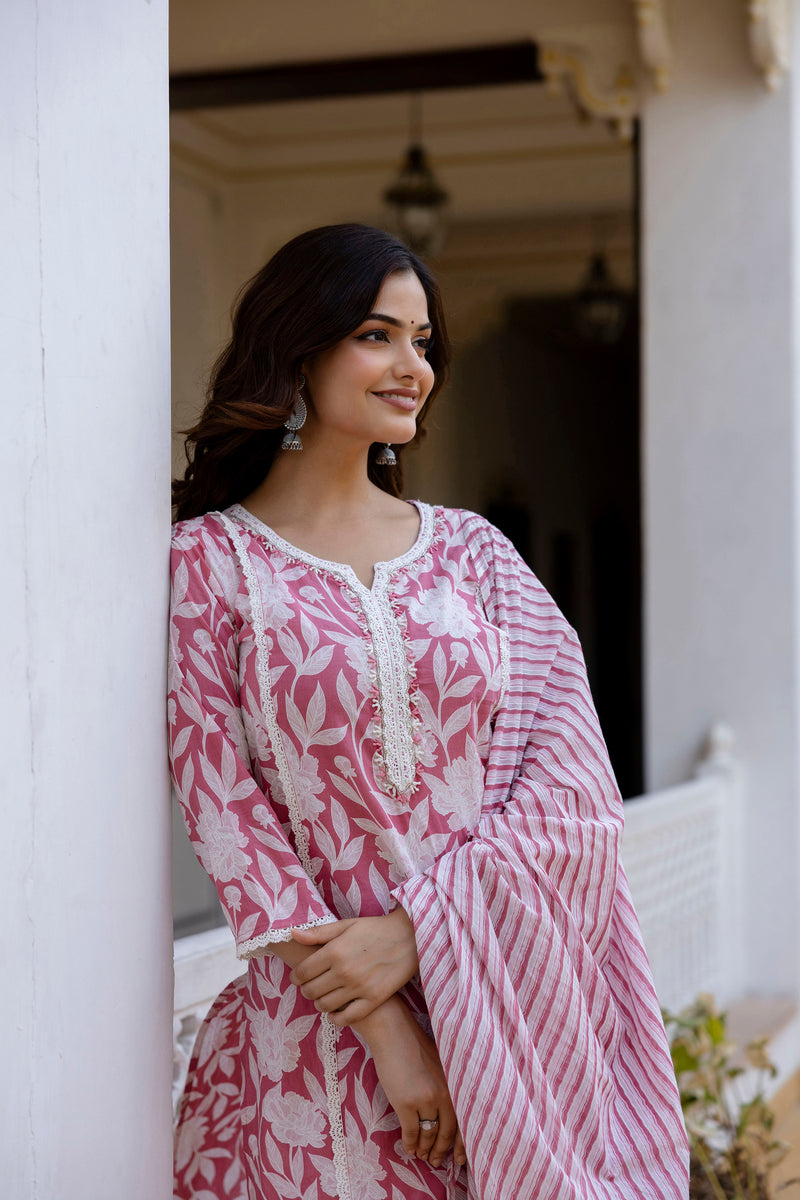 EthniFlair Floral Printed Aari Work Kurta with Trousers & Dupatta