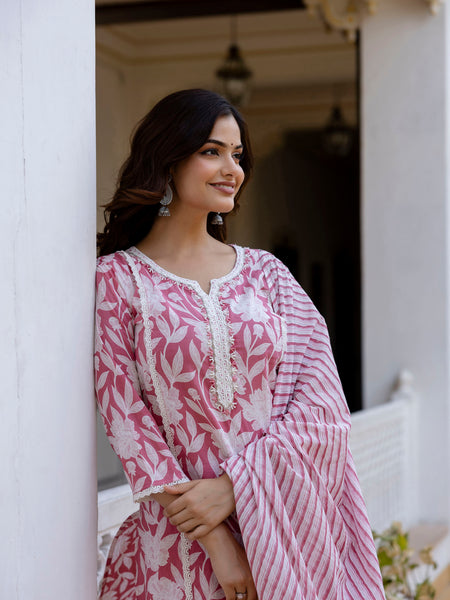 EthniFlair Floral Printed Aari Work Kurta with Trousers & Dupatta