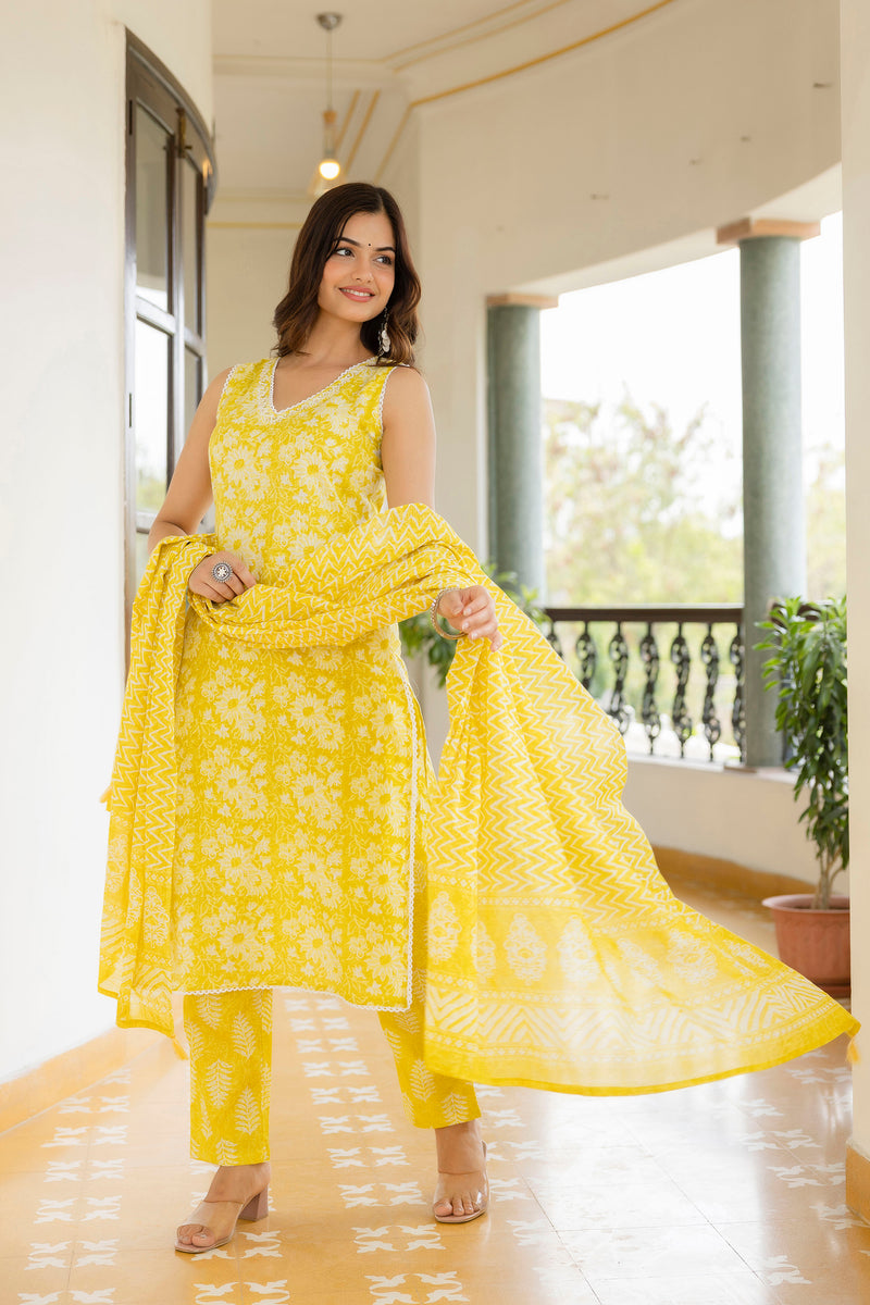 EthniFlair Floral Printed Aari Work Kurta with Trousers & Dupatta