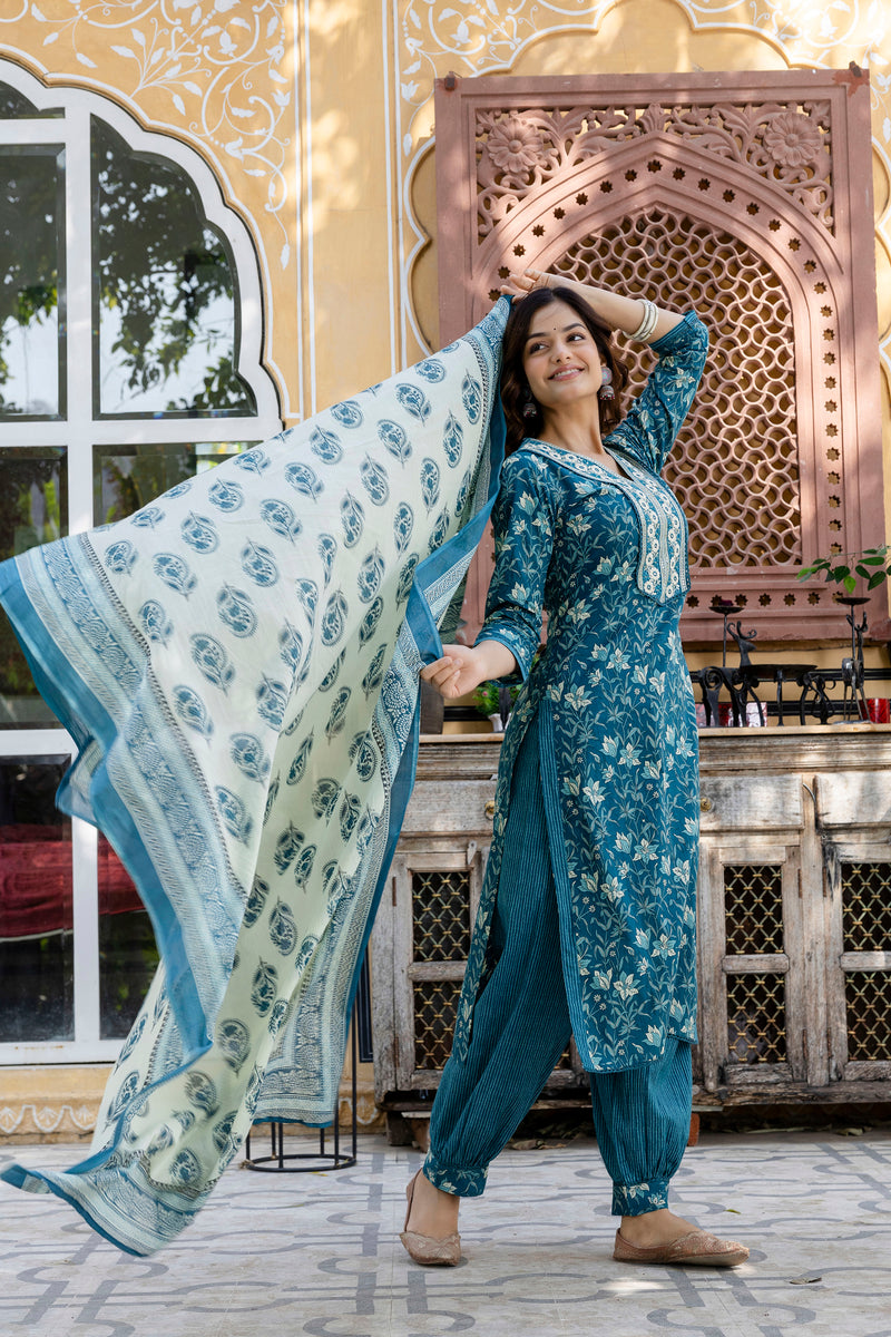 EthniFlair Floral Embroidered Kurta with Patiala & Dupatta