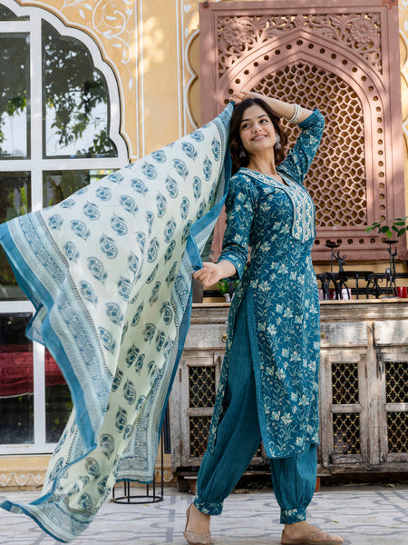 EthniFlair Floral Embroidered Kurta with Patiala & Dupatta