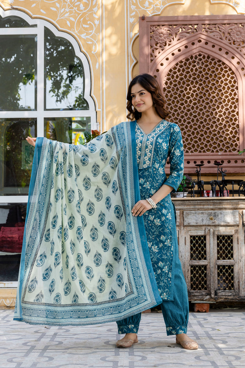 EthniFlair Floral Embroidered Kurta with Patiala & Dupatta