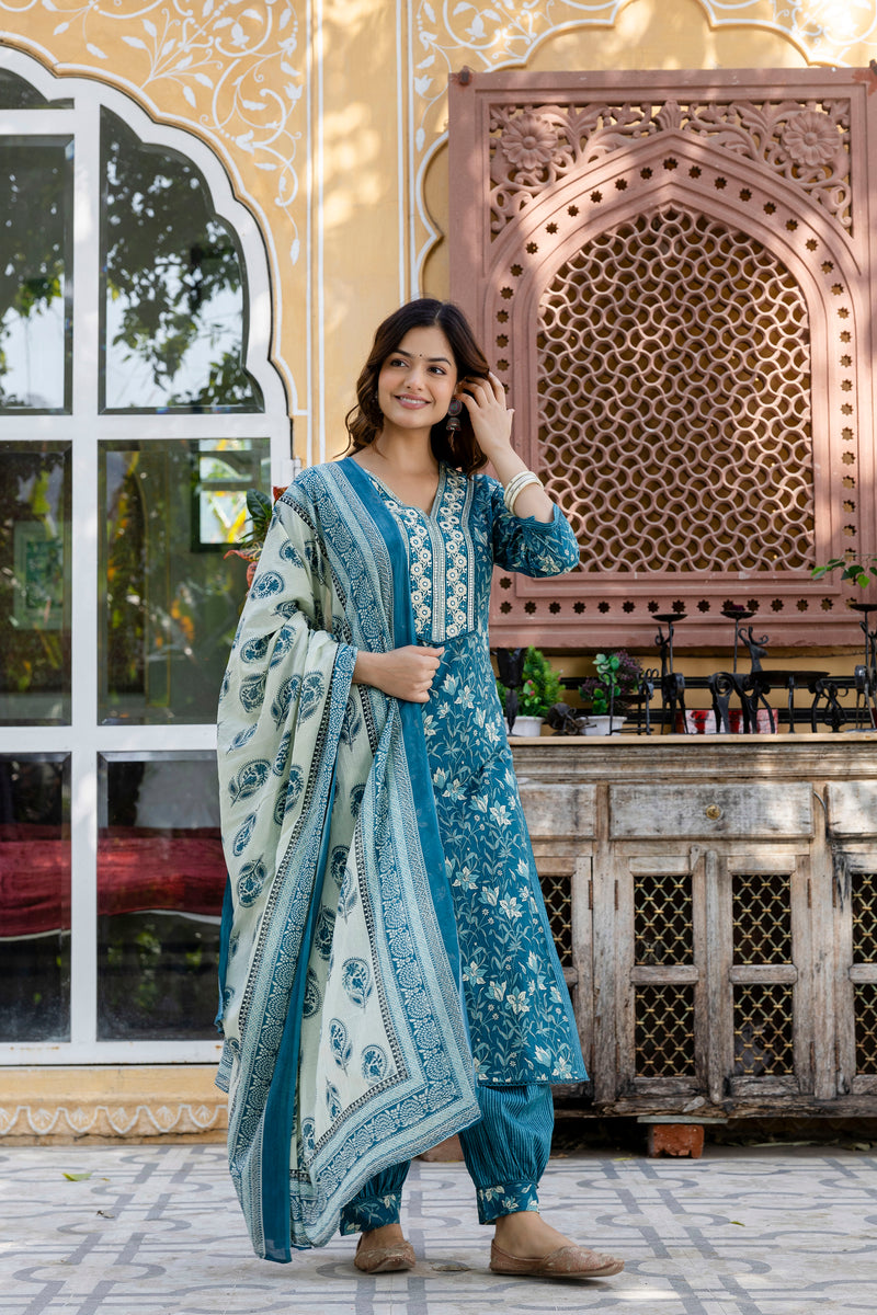 EthniFlair Floral Embroidered Kurta with Patiala & Dupatta
