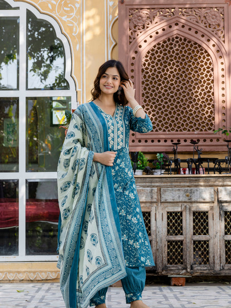 EthniFlair Floral Embroidered Kurta with Patiala & Dupatta