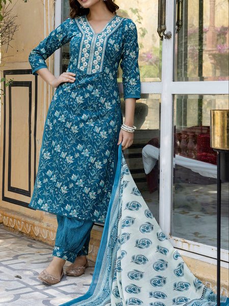EthniFlair Floral Embroidered Kurta with Patiala & Dupatta
