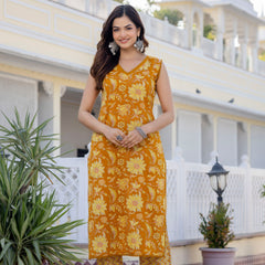 EthniFlair Women Cotton Lace Motifs Sleeveless Straight Kurta Pant Dupatta Set