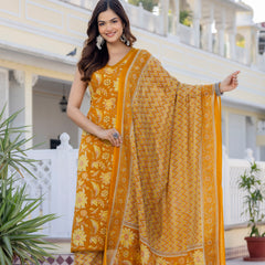 EthniFlair Women Cotton Lace Motifs Sleeveless Straight Kurta Pant Dupatta Set