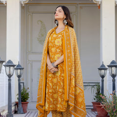 EthniFlair Women Cotton Lace Motifs Sleeveless Straight Kurta Pant Dupatta Set