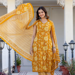 EthniFlair Women Cotton Lace Motifs Sleeveless Straight Kurta Pant Dupatta Set