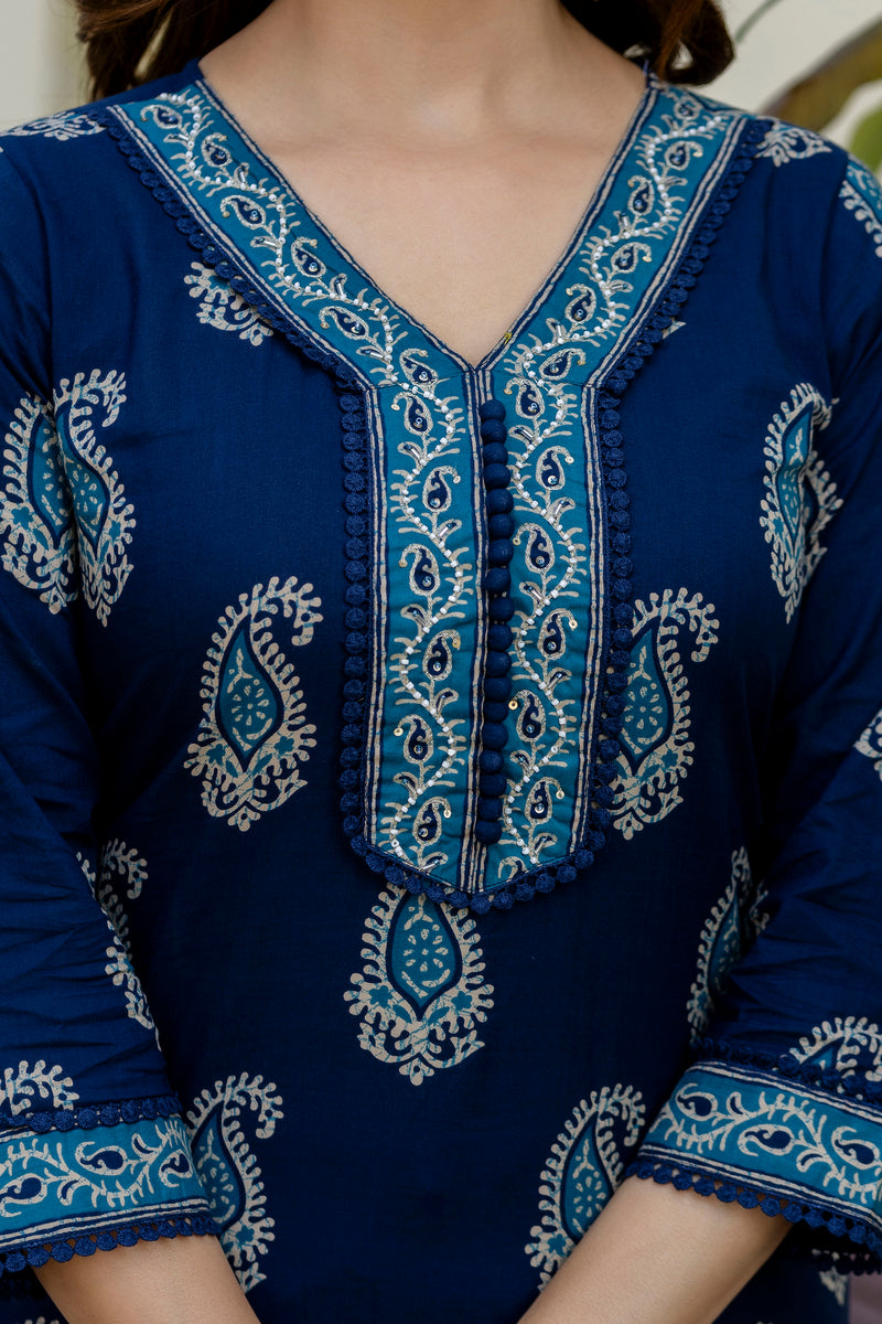EthniFlair Women Cotton Yoke detail Straight Kurta Pant Dupatta Set
