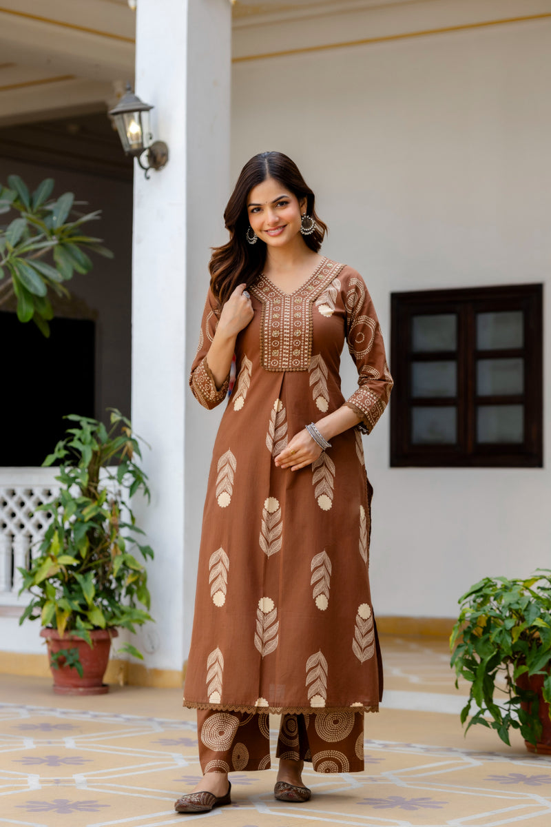 Cotton Aari work Kurta with Palazzo & Dupatta