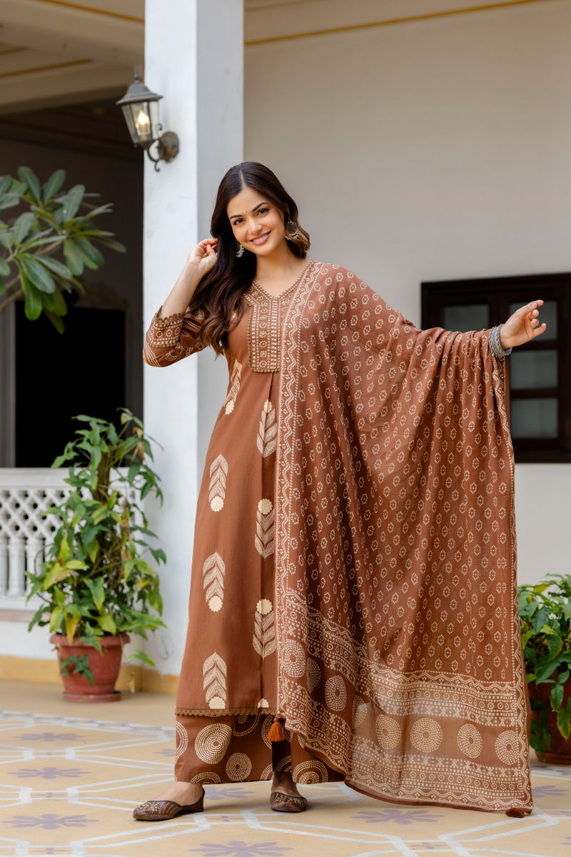Cotton Aari work Kurta with Palazzo & Dupatta