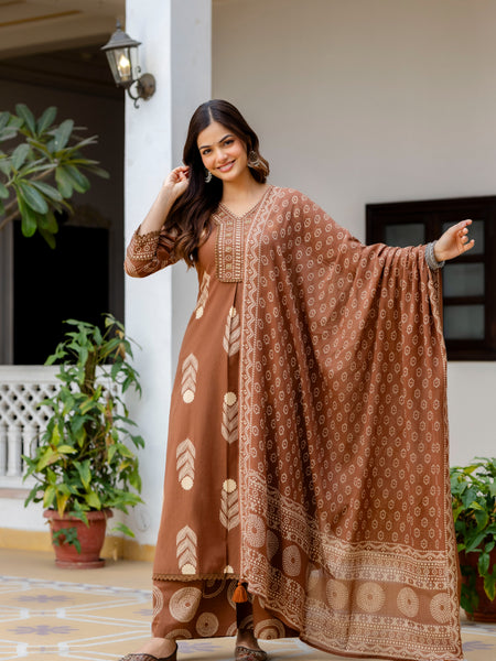 Cotton Aari work Kurta with Palazzo & Dupatta