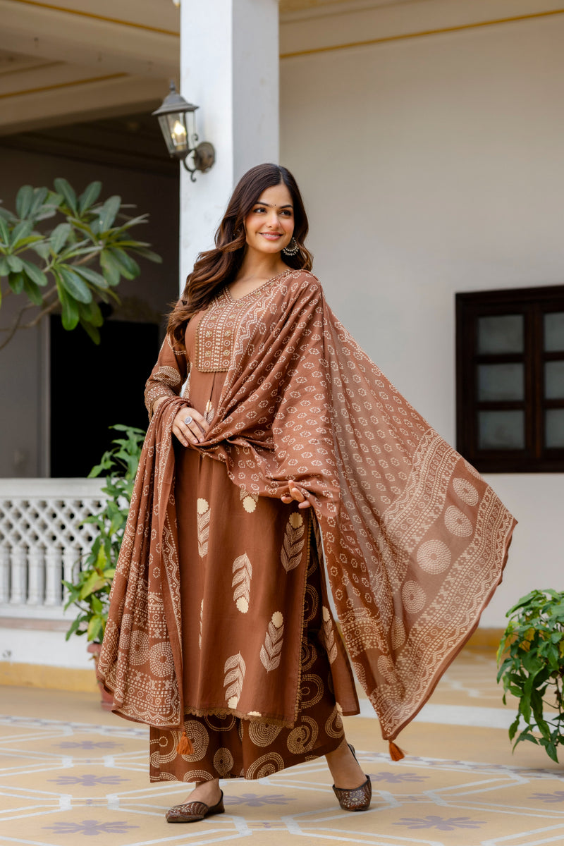 Cotton Aari work Kurta with Palazzo & Dupatta