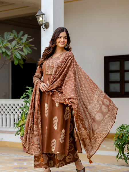 Cotton Aari work Kurta with Palazzo & Dupatta