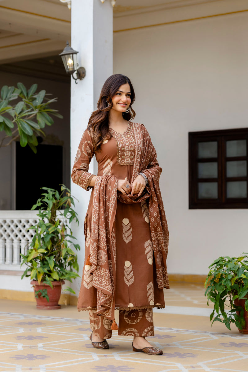 Cotton Aari work Kurta with Palazzo & Dupatta