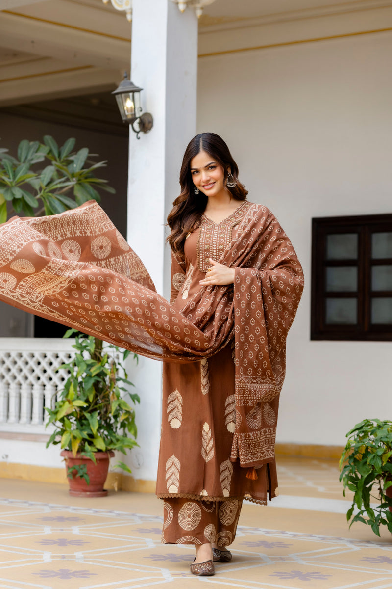 Cotton Aari work Kurta with Palazzo & Dupatta