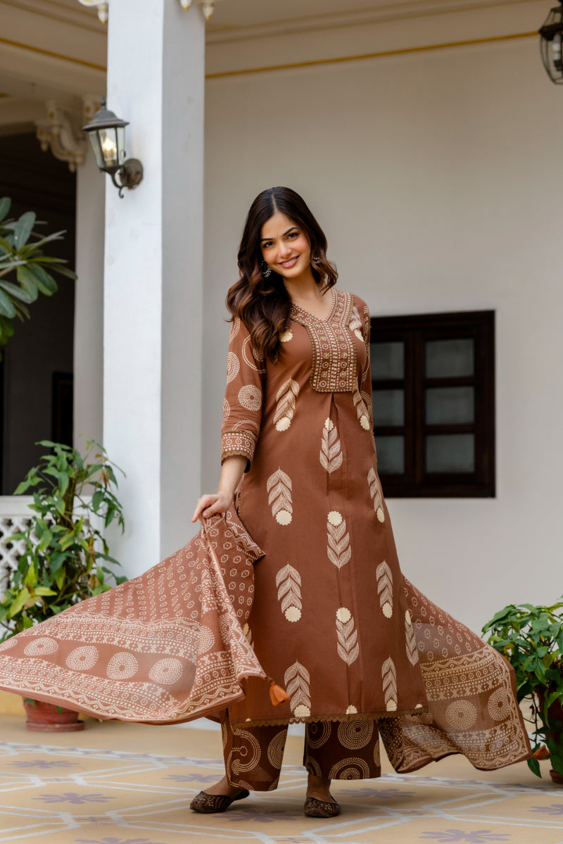 Cotton Aari work Kurta with Palazzo & Dupatta