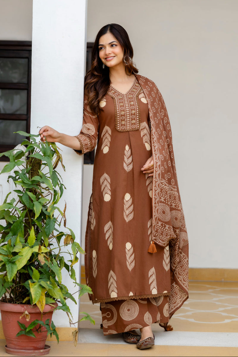 Cotton Aari work Kurta with Palazzo & Dupatta
