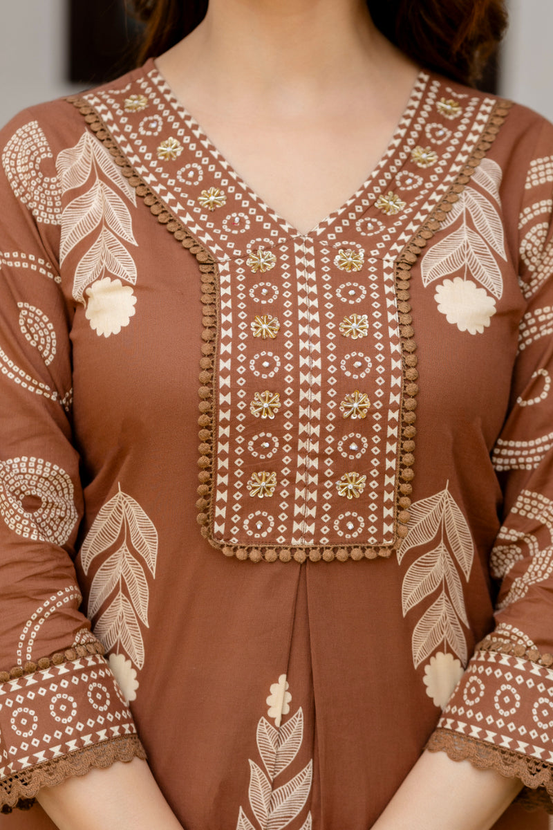 Cotton Aari work Kurta with Palazzo & Dupatta