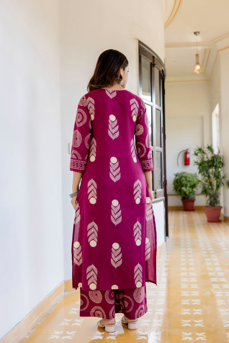 Cotton Aari work Kurta with Palazzo & Dupatta