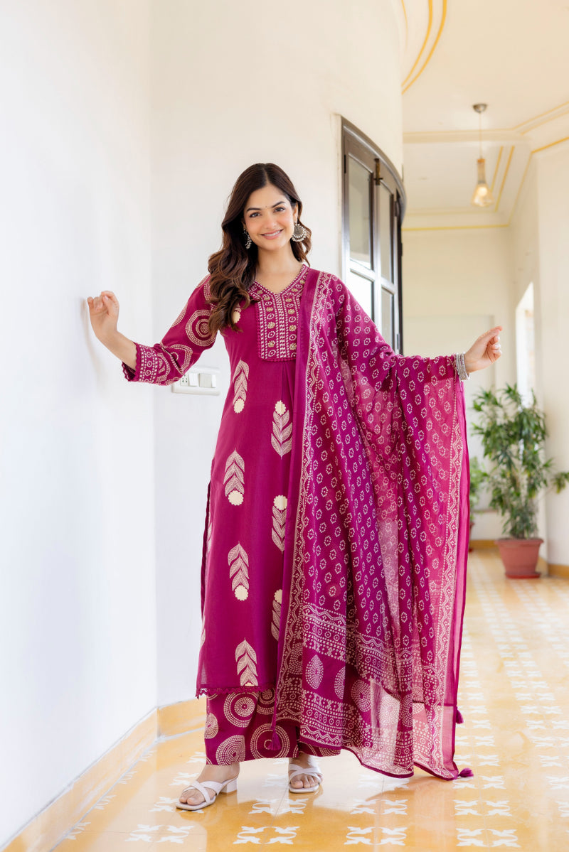 Cotton Aari work Kurta with Palazzo & Dupatta