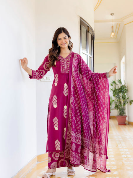 Cotton Aari work Kurta with Palazzo & Dupatta
