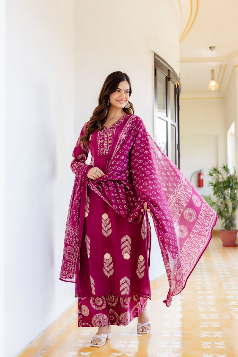 Cotton Aari work Kurta with Palazzo & Dupatta