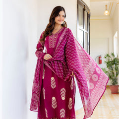 Cotton Aari work Kurta with Palazzo & Dupatta