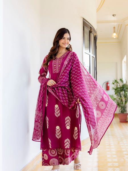 Cotton Aari work Kurta with Palazzo & Dupatta