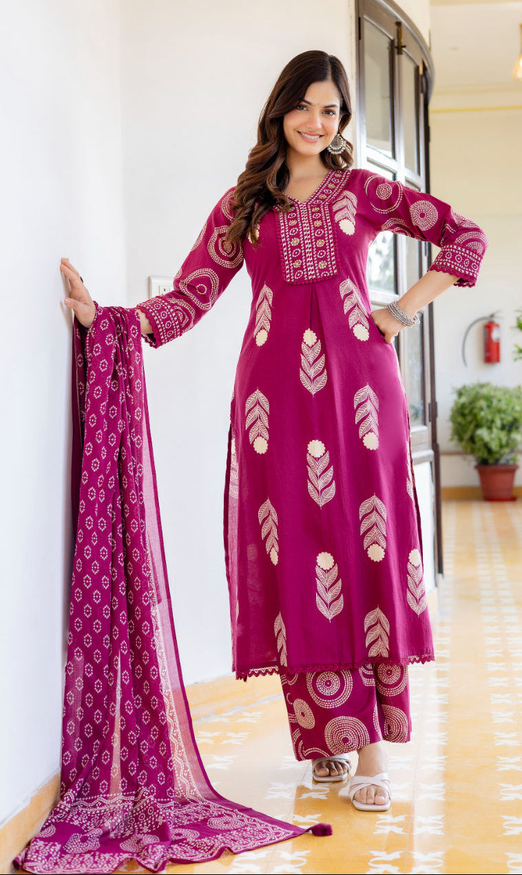 Cotton Aari work Kurta with Palazzo & Dupatta