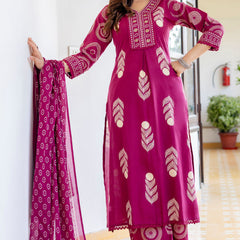 Cotton Aari work Kurta with Palazzo & Dupatta