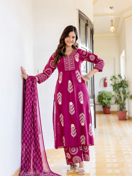 Cotton Aari work Kurta with Palazzo & Dupatta
