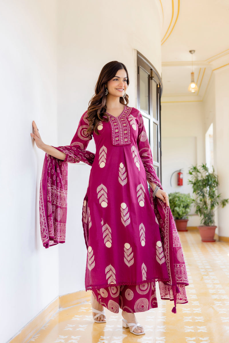Cotton Aari work Kurta with Palazzo & Dupatta