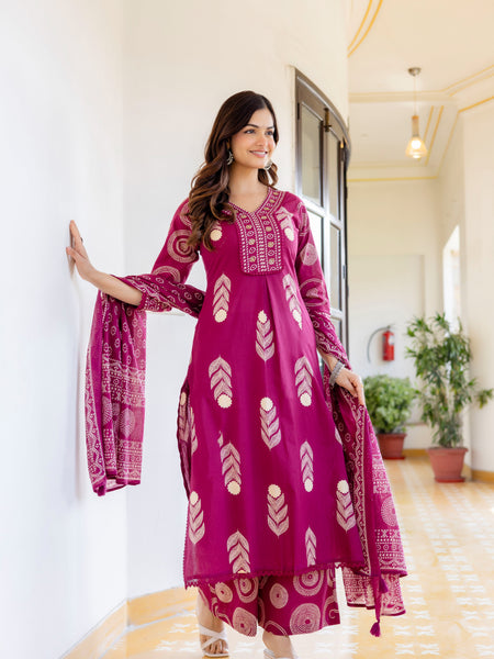 Cotton Aari work Kurta with Palazzo & Dupatta