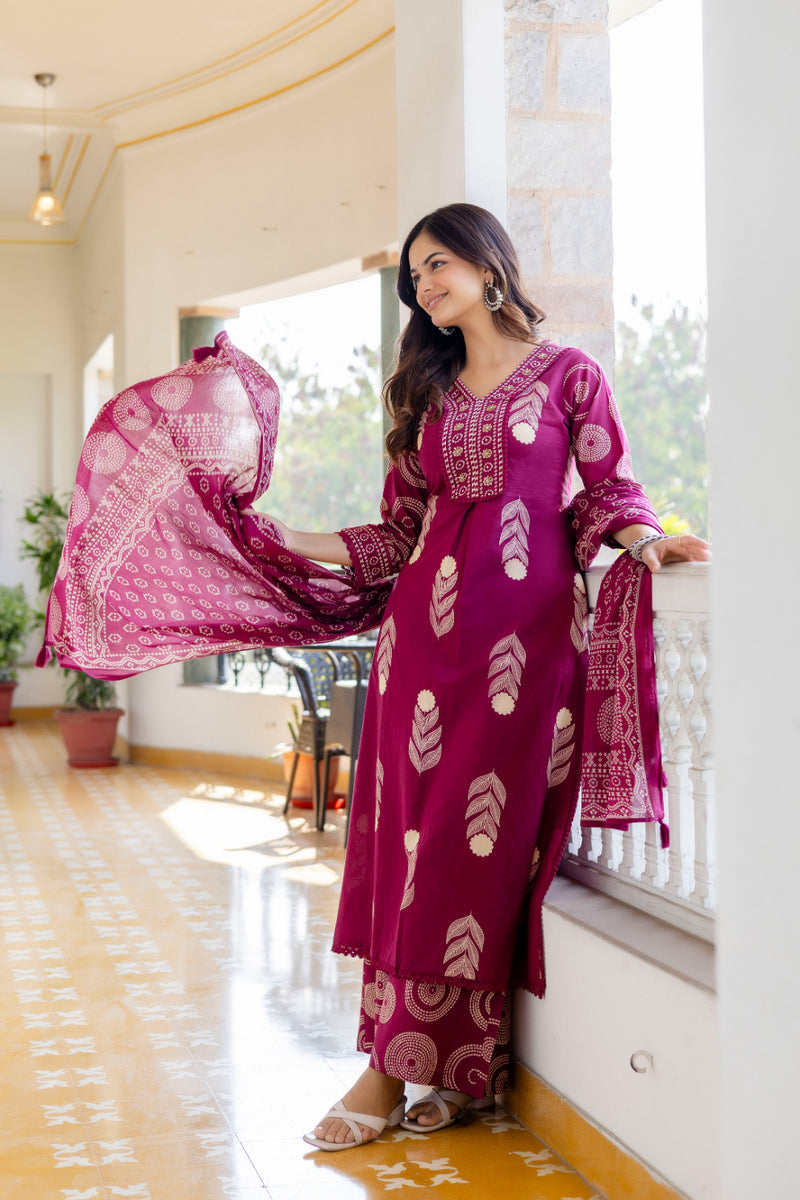 Cotton Aari work Kurta with Palazzo & Dupatta