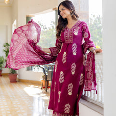 Cotton Aari work Kurta with Palazzo & Dupatta