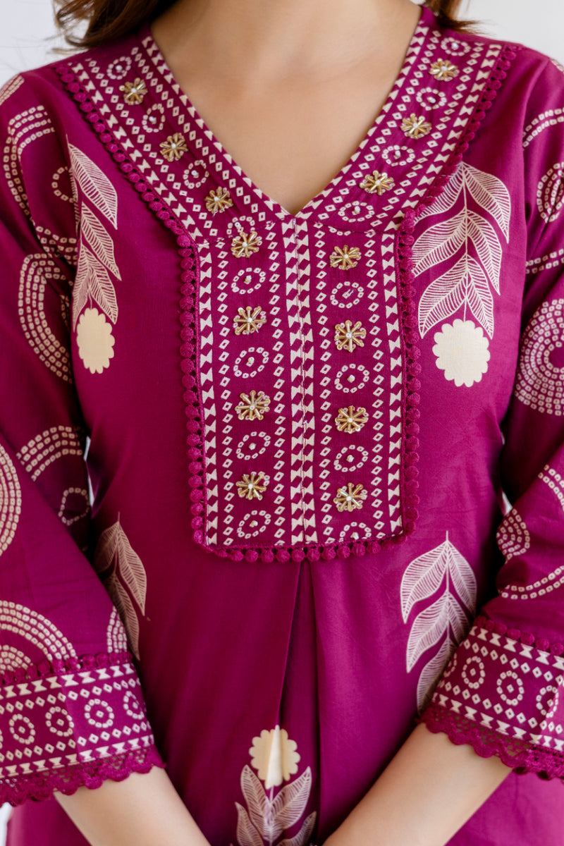 Cotton Aari work Kurta with Palazzo & Dupatta