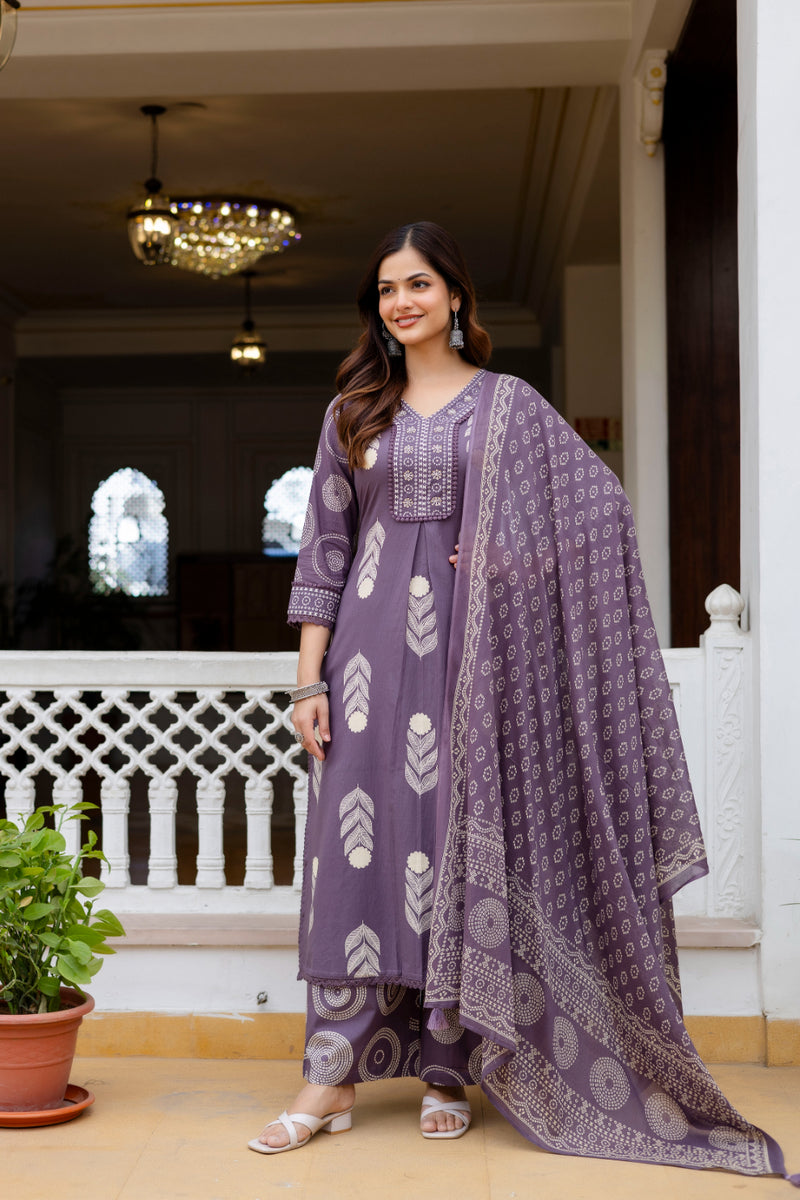 Cotton Aari work Kurta with Palazzo & Dupatta