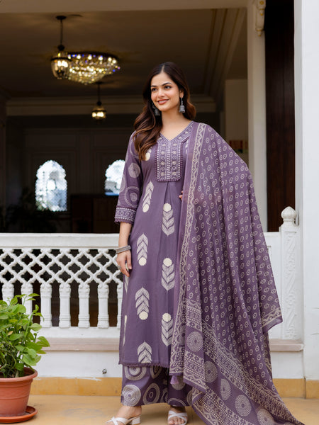 Cotton Aari work Kurta with Palazzo & Dupatta